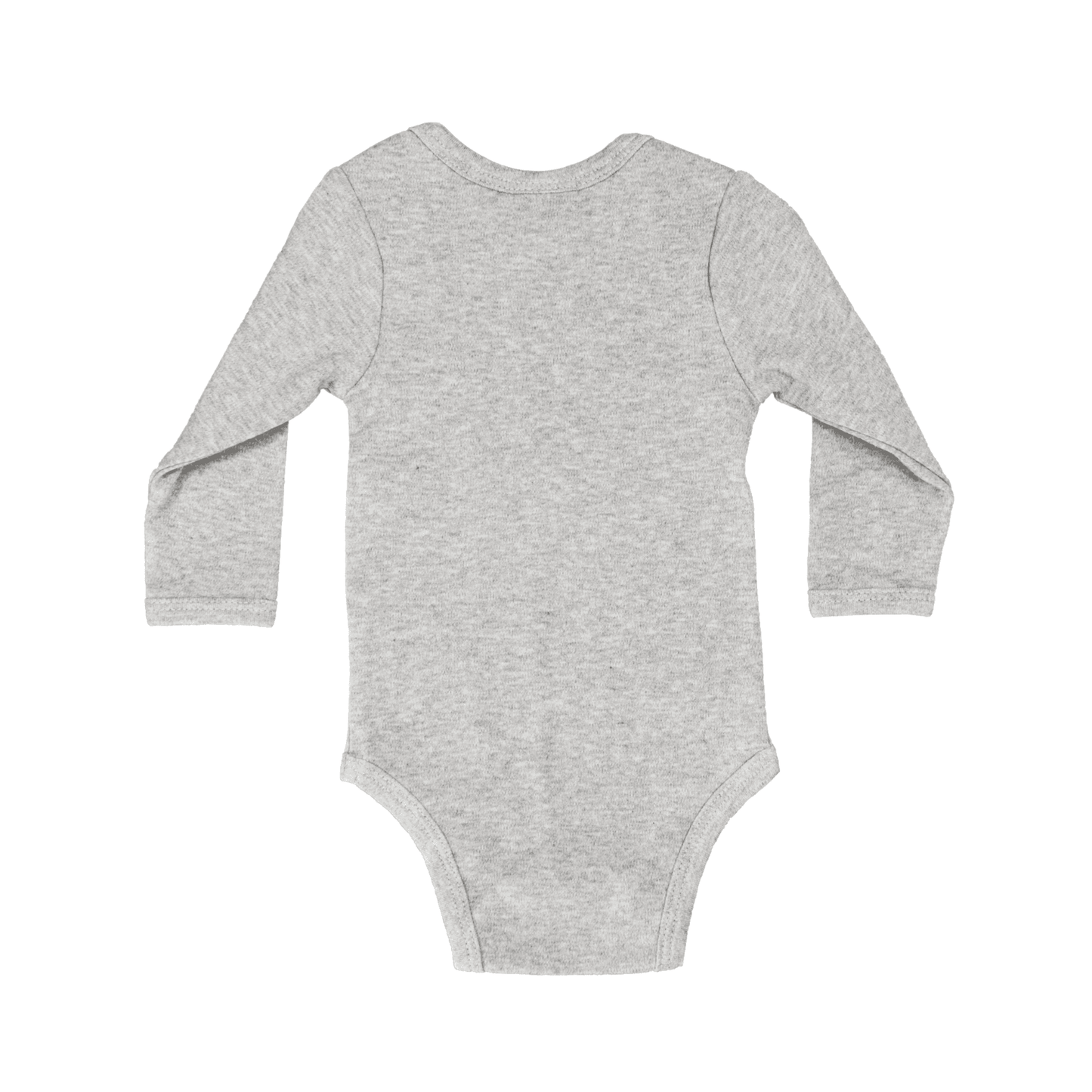 Grey baby onesie with long sleeves on a white background