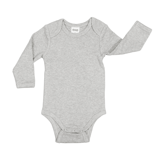 Grey baby bodysuit with long sleeves on a white background
