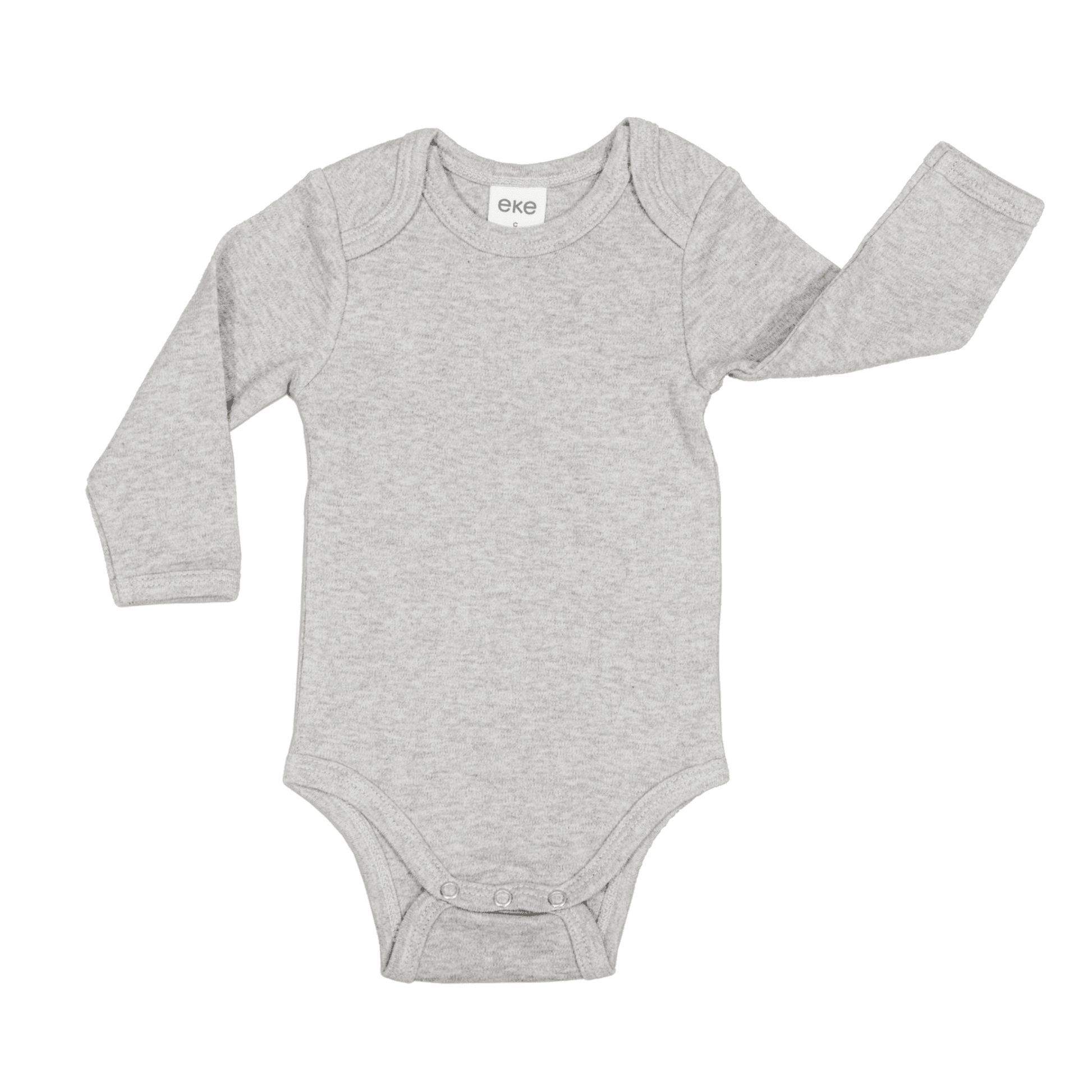 Grey baby bodysuit with long sleeves on a white background