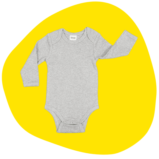 Grey baby onesie on a yellow background